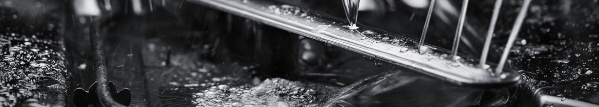 Spray jets inside a KitchenAid dishwasher in operation.