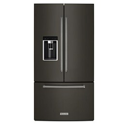 A French Door Refrigerator w/ Exterior Ice and Water In Black Stainless.