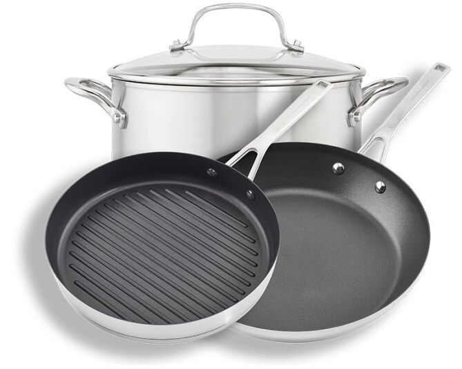 An induction cookware set that includes a frying pan, a grill pan and a lidded stock pot. 