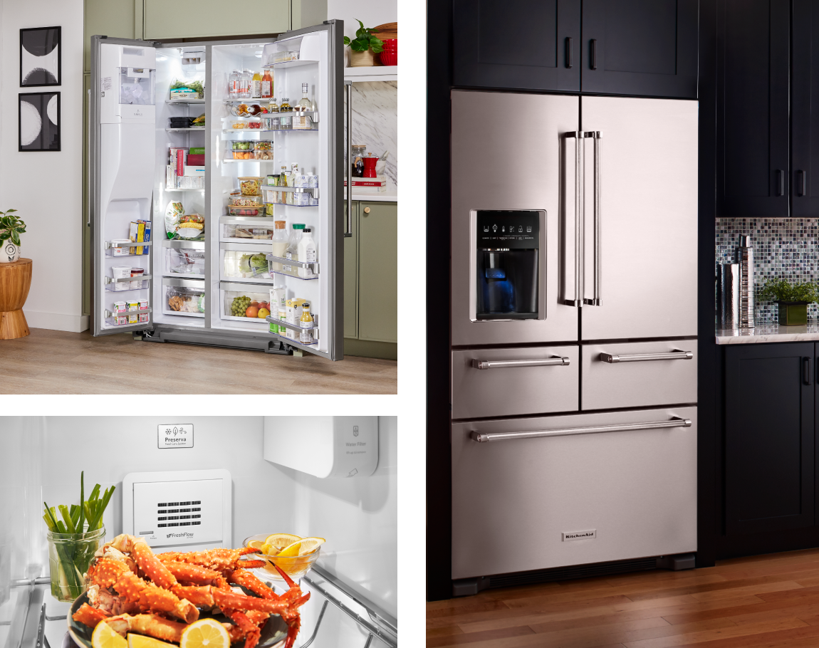 Collage of pictures with a KitchenAid® fridge surrounded by blue cabinets, a KitchenAid® cooktop with a pan on top and a kitchen with blue cabinets and a KitchenAid® combination oven.