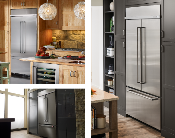 Collage of pictures with a KitchenAid® fridge surrounded by blue cabinets, a KitchenAid® cooktop with a pan on top and a kitchen with blue cabinets and a KitchenAid® combination oven.