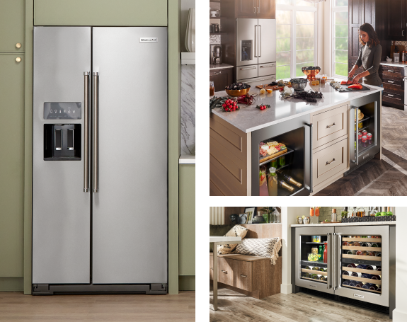 Collage of pictures with a KitchenAid® fridge surrounded by blue cabinets, a KitchenAid® cooktop with a pan on top and a kitchen with blue cabinets and a KitchenAid® combination oven.
