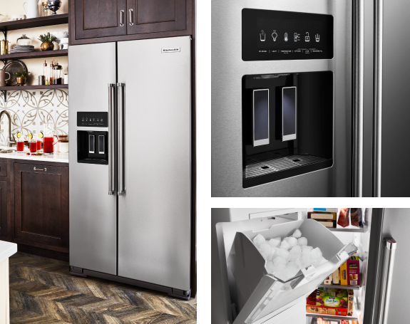 Collage of pictures with a KitchenAid® fridge surrounded by blue cabinets, a KitchenAid® cooktop with a pan on top and a kitchen with blue cabinets and a KitchenAid® combination oven.