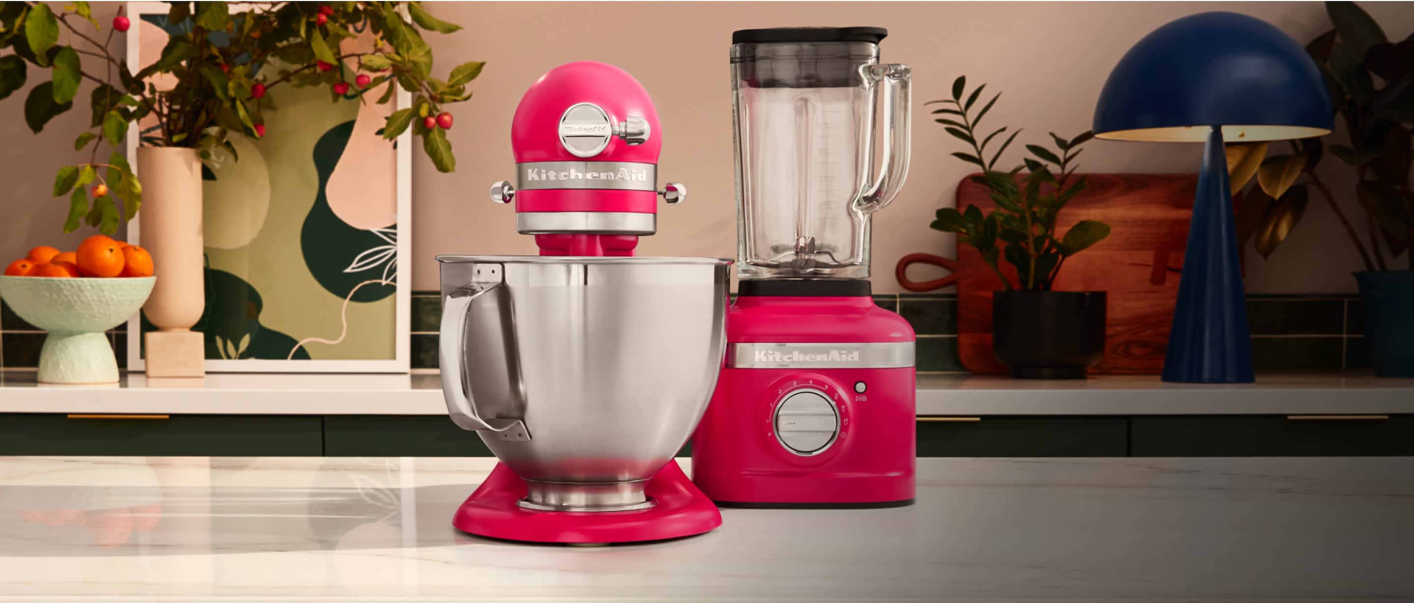 An Artisan® Series Stand Mixer and K400 Blender in Hibiscus.