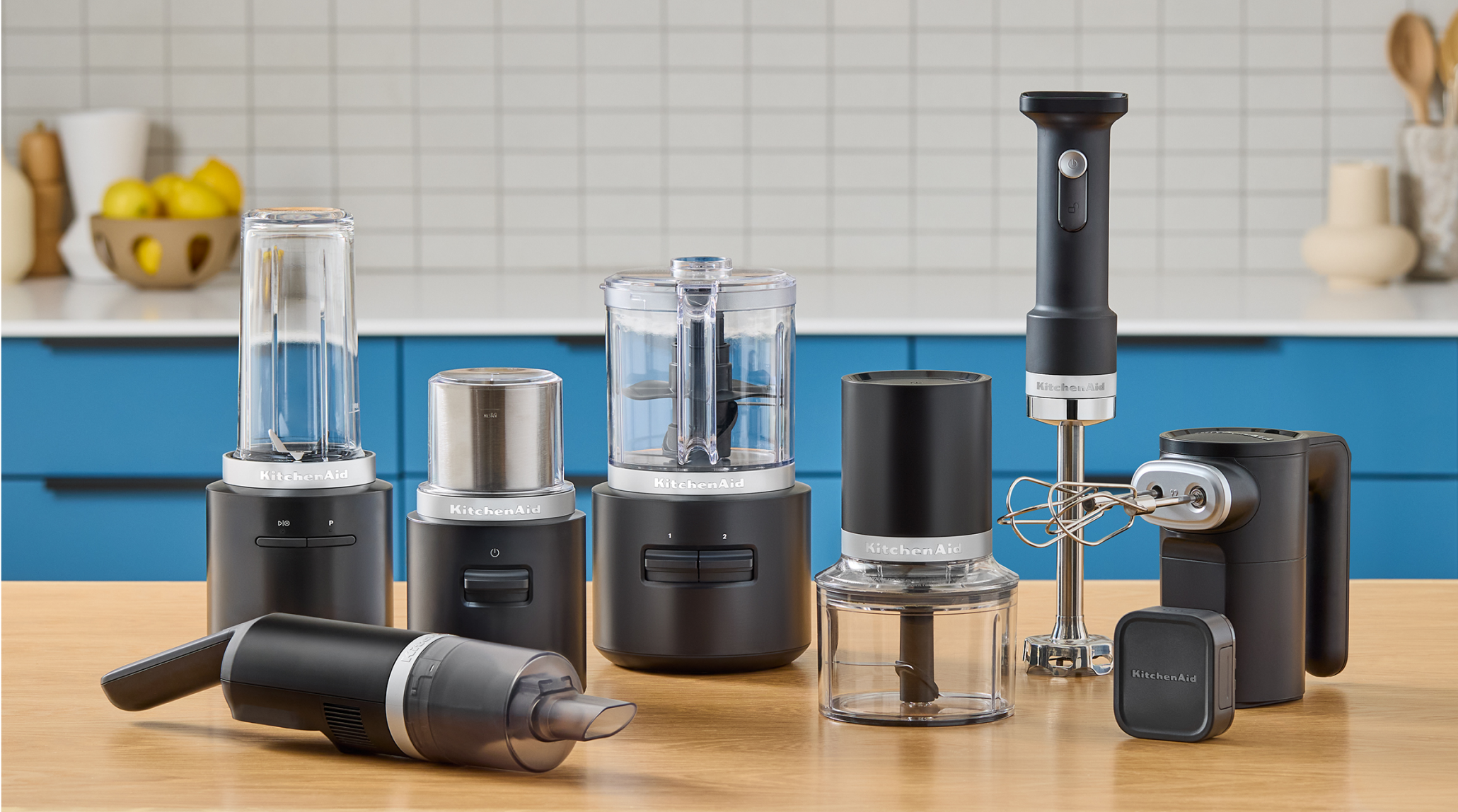 The KitchenAid Go™ Cordless lineup of appliances on a kitchen counter.