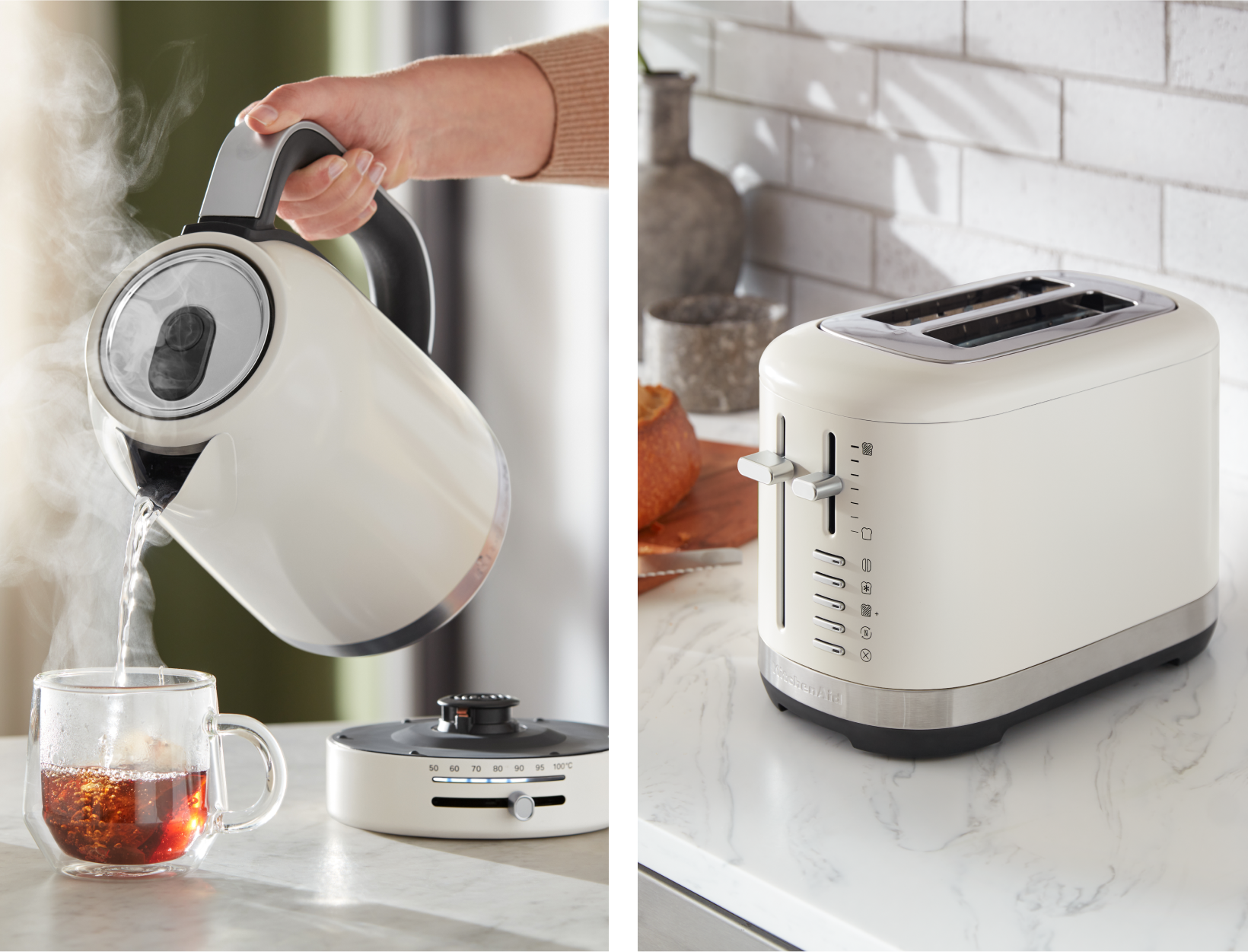 A collage of a KitchenAid® kettle and toaster.