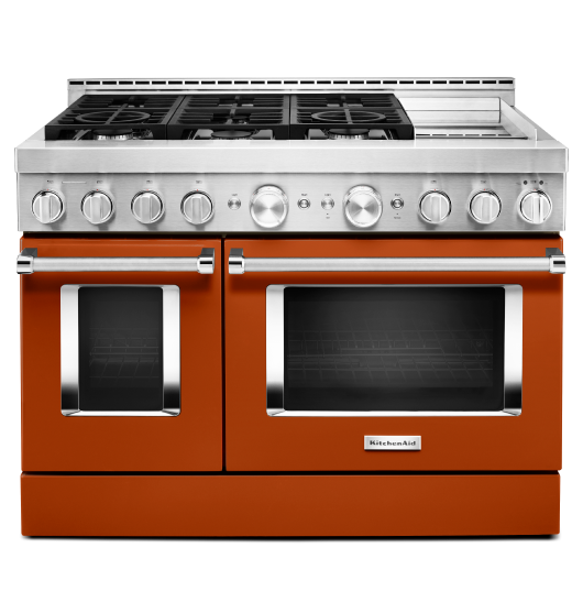 A KitchenAid smart commericial-style gas range with a griddle.