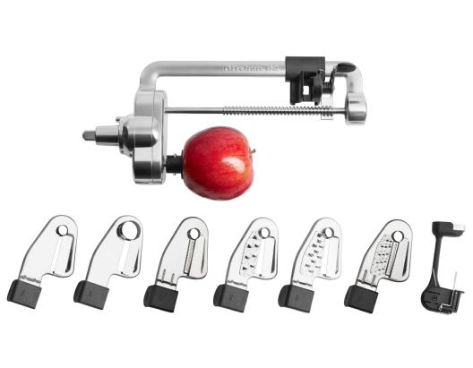A spiralizer for a KitchenAid stand mixer.