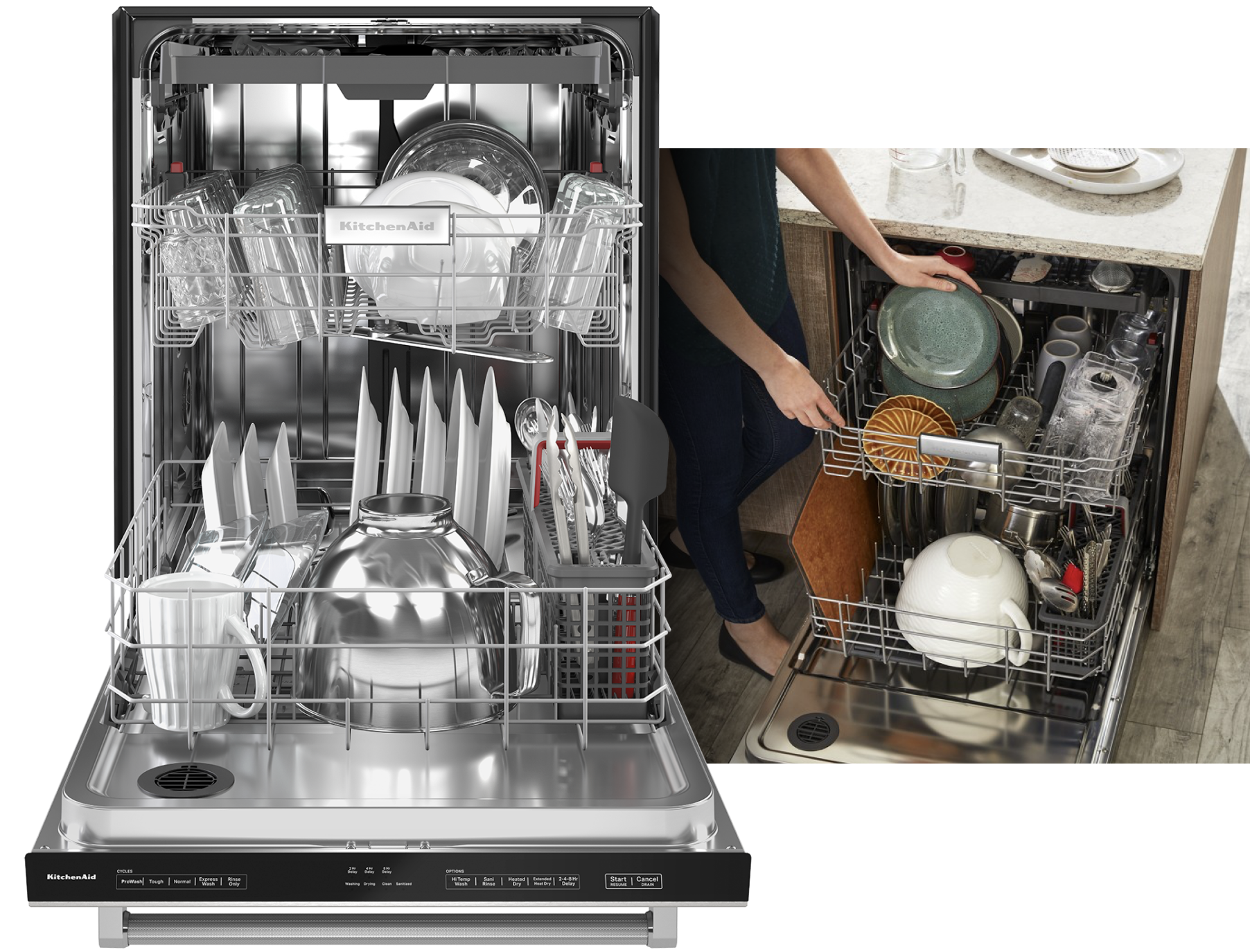 Image Left, KitchenAid brand flush dishwasher in a kitchen. Image Right, Interior view of loaded KitchenAid® Dishwasher with Third Level Utensil Rack