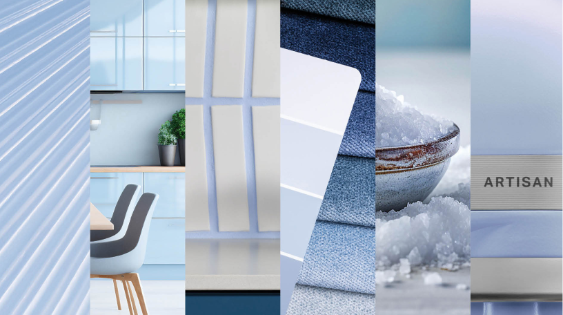 Different colour swatches and materials in blue.