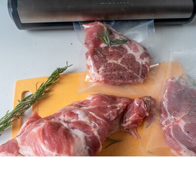 De la viande assaisonnée au romarin, dont deux morceaux sont placés dans des sacs sous vide.