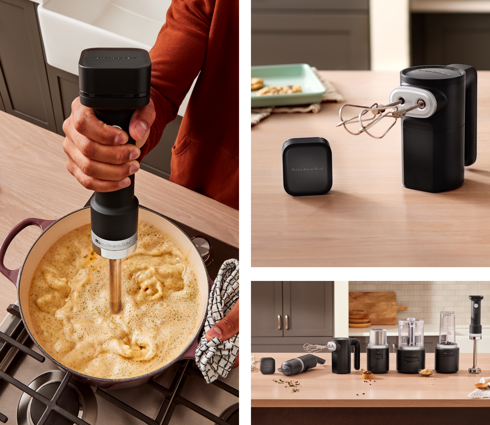 A collage of images including a person using the KitchenAid Go™ Cordless Hand Blender to blend soup; the KitchenAid Go™ Cordless Hand Mixer resting on a countertop next to the rechargeable battery; KitchenAid Go™ Cordless appliances lined up on a countertop.