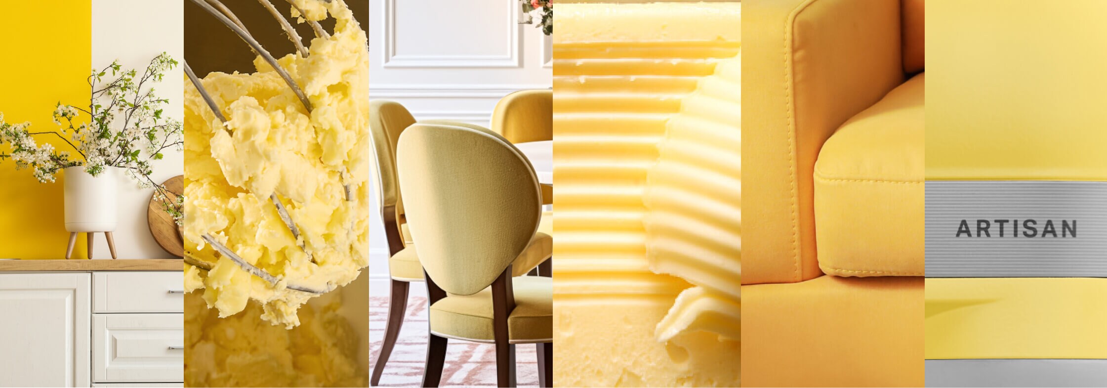 A series of images showcasing butter yellows in various forms.