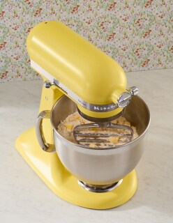 An Evergreen stand mixer sitting on a countertop.