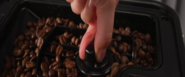 Woman frothing milk with a steam wand on a white espresso machine.Espresso beans in a bean hopper