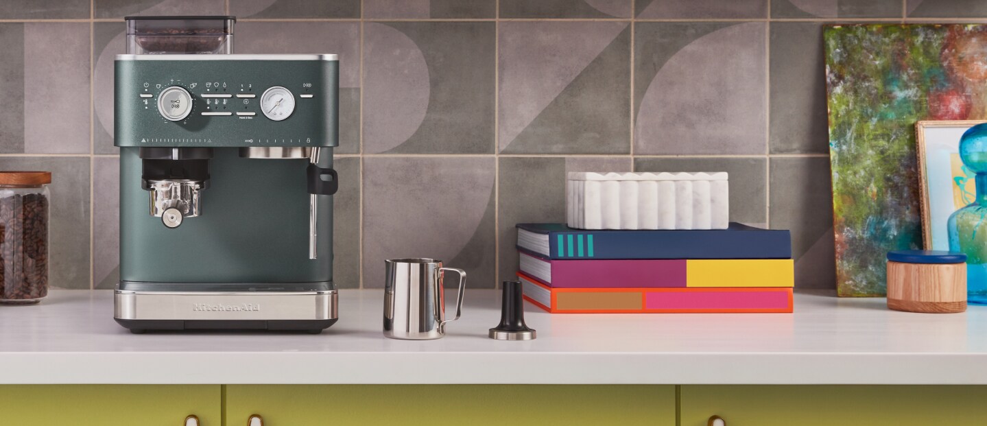 KitchenAid® Semi Automatic Espresso Machine with Burr Grinder in a colourful kitchen.