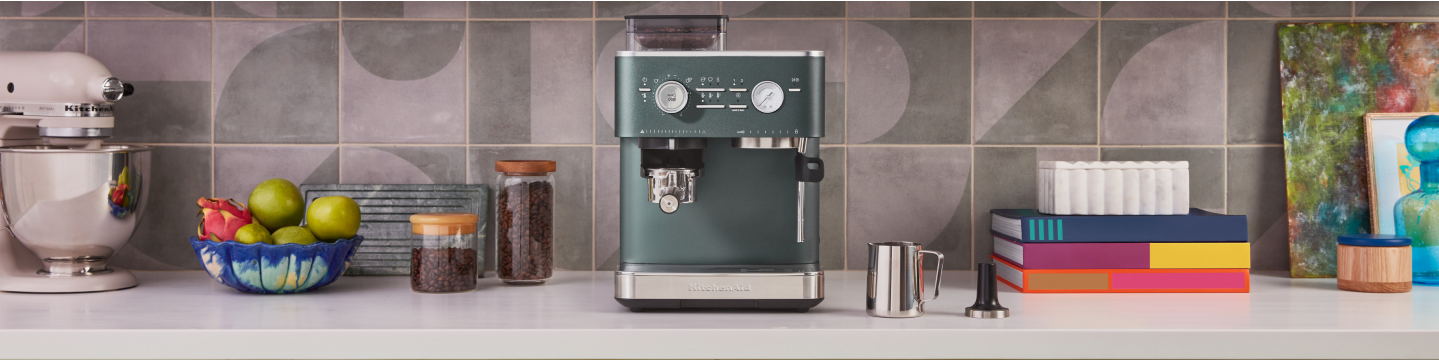 KitchenAid® Semi Automatic Espresso Machine in a bright kitchen