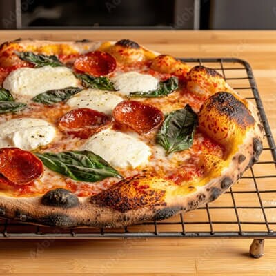 Une pizza cuite reposant sur une grille de refroidissement