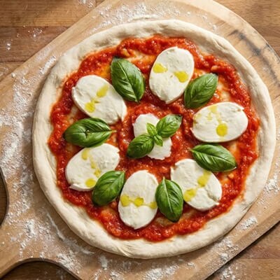 Une pizza avant la cuisson avec de gros morceaux de mozzarella et du basilic