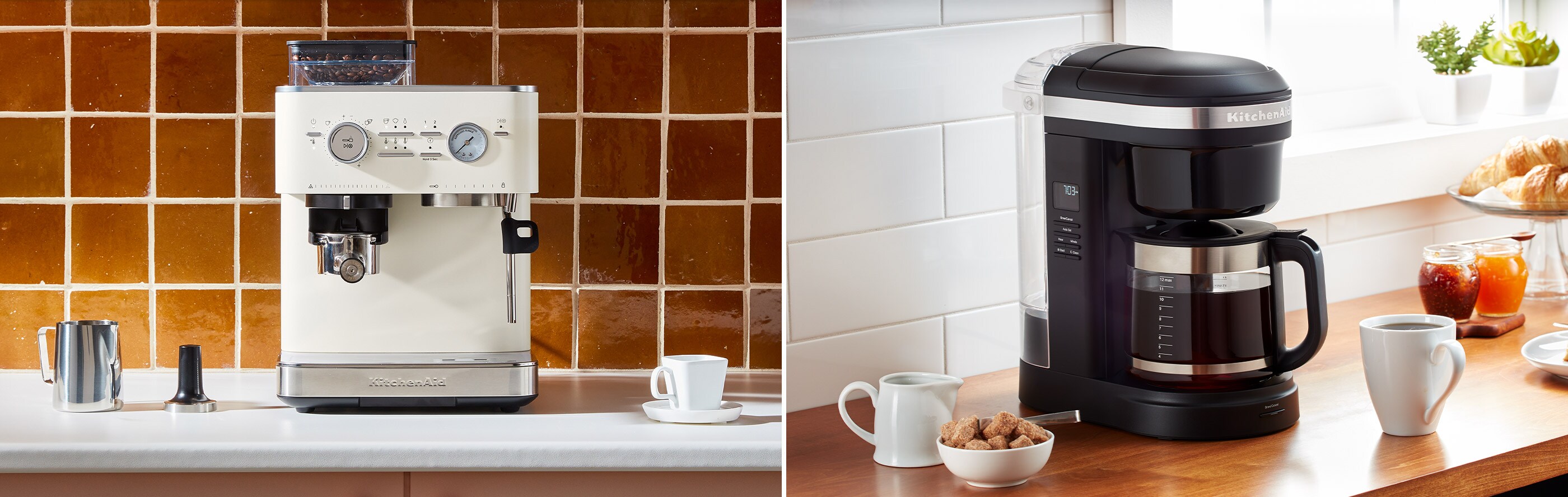 An espresso machine next to a coffee maker in different kitchens