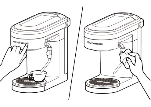 Steam wand positioned over espresso cup/ steam wand getting wiped down with soft cloth