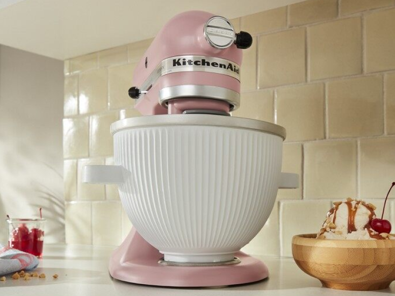 Pink KitchenAid® stand mixer next to ice cream sundae
