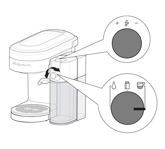 An illustration shows the function knob on a KitchenAid Automatic Milk Frother Attachment.