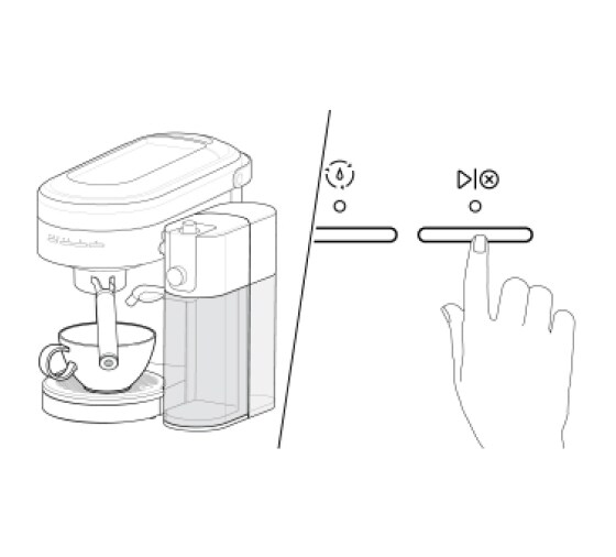 The illustration depicts the pressing of the start button on the espresso machine to initiate the brewing cycle.