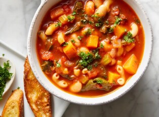 A bowl of white bean soup with a plate of toasted french bread beside it.