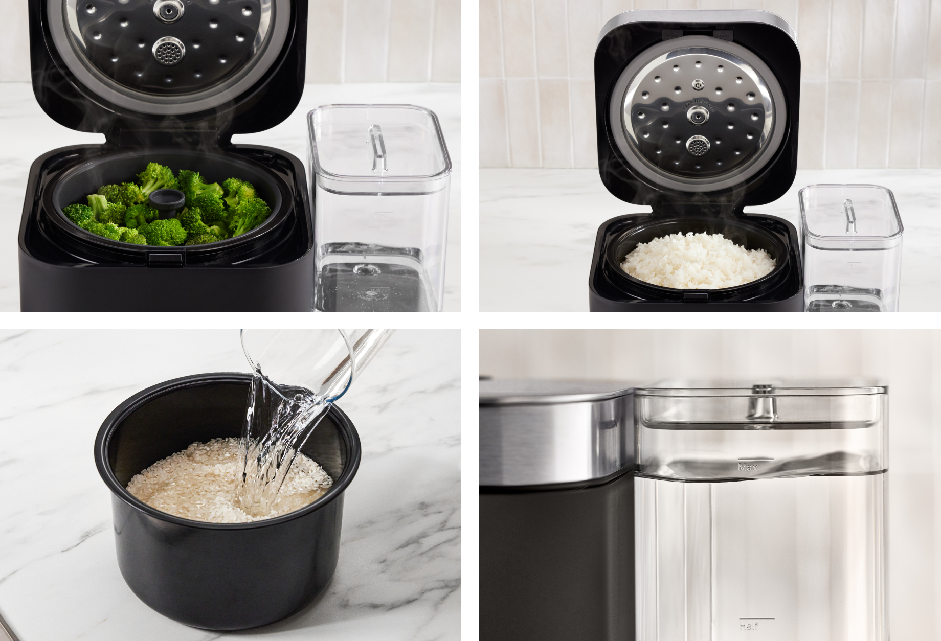 A collage of images featuring broccoli florets in the steamer basket of the grain and rice cooker, an open grain and rice cooker filled with white rice, water pouring over rice, and a close up of clear water in the water tank.