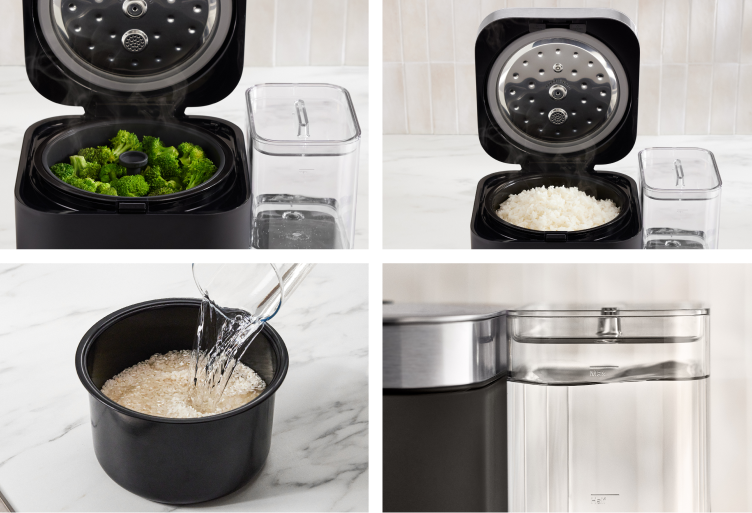 A collage of images featuring broccoli florets in the steamer basket of the grain and rice cooker, an open grain and rice cooker filled with white rice, water pouring over rice, and a close up of clear water in the water tank.