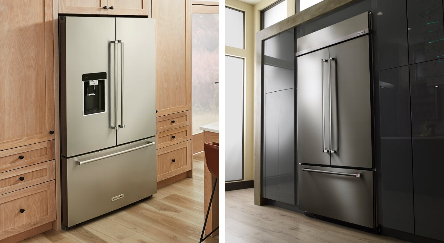 A side-by-side image of two KitchenAid® French door refrigerators inside cabinet cutouts