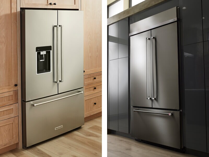 A side-by-side image of two KitchenAid® French door refrigerators inside cabinet cutouts