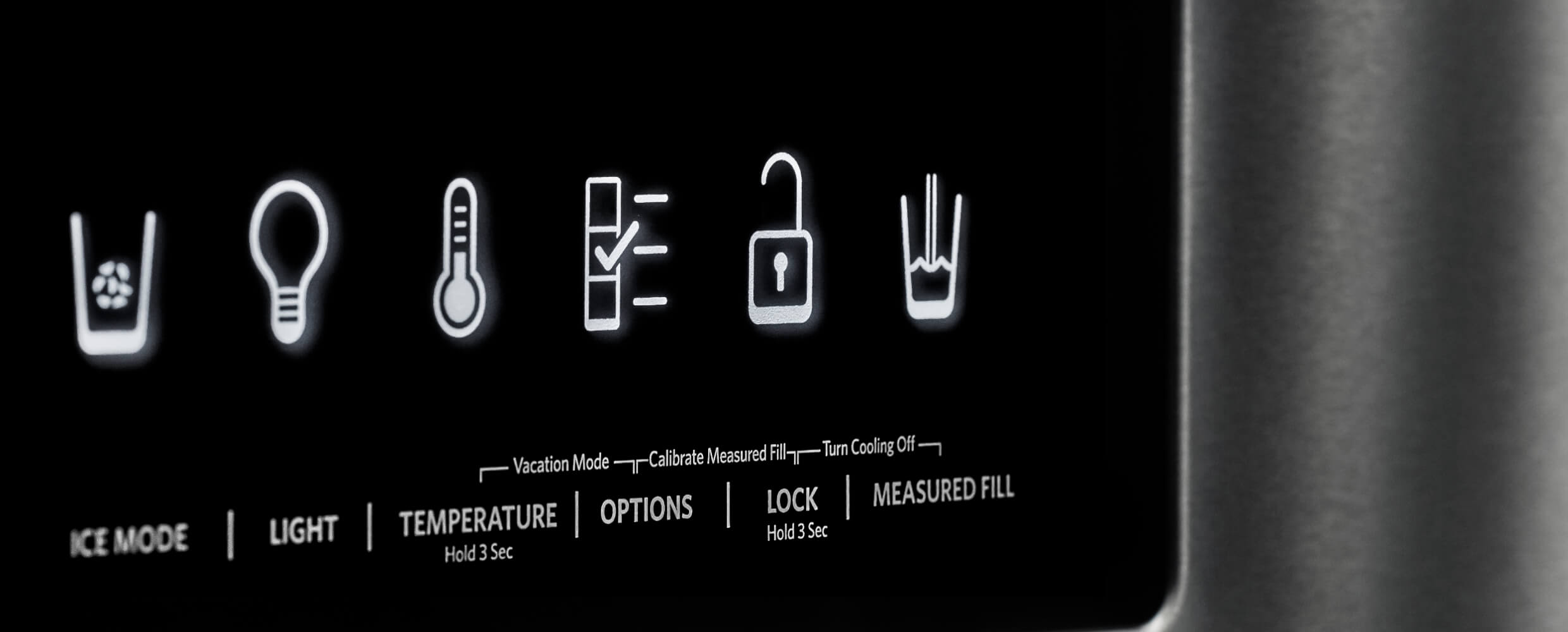 Dispenser Lock is illuminated on the control panel of the KitchenAid® French Door Bottom Mount Refrigerator.