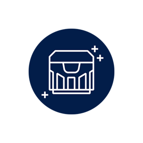 A blue circle with an icon of a bottle top. Refers to the auto-stop top on bottles of Swash. 