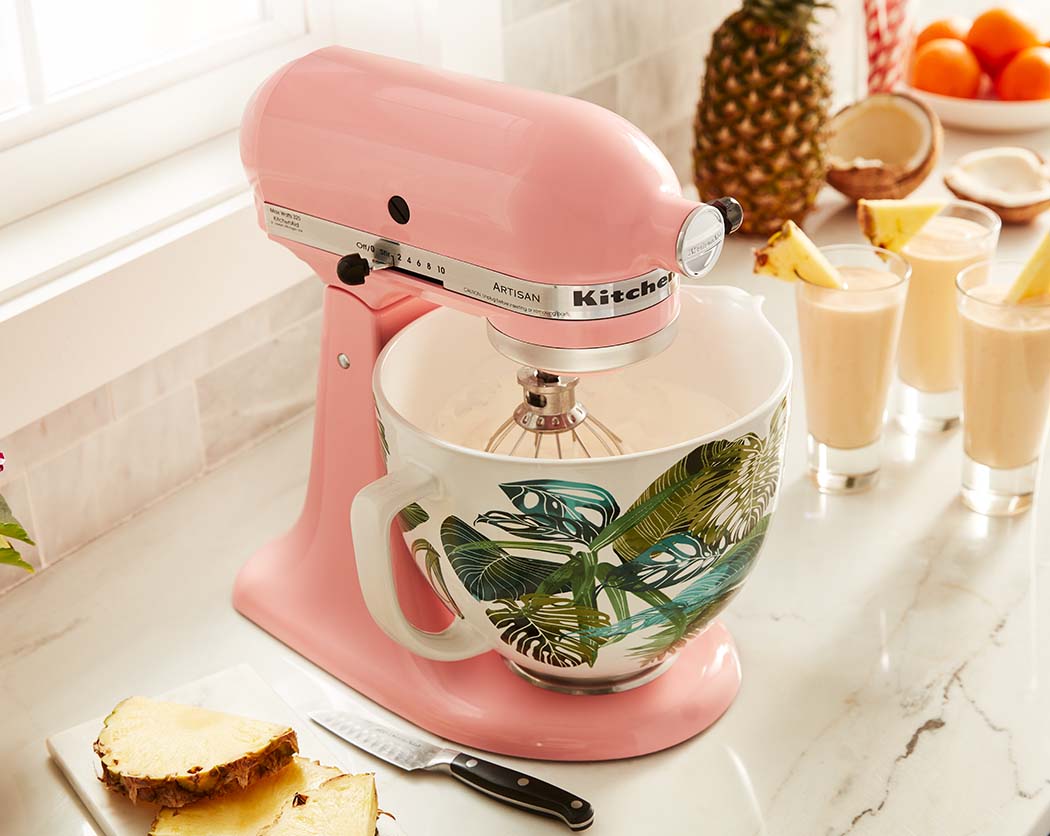 KitchenAid stand mixer with ceramic floral bowl