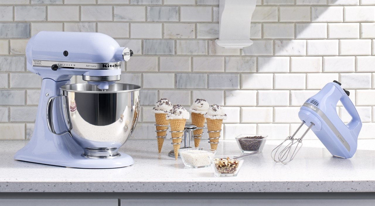 Stand mixer and hand mixer on counter with ice cream cones