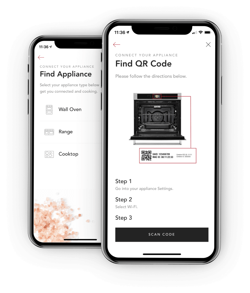 Two smartphones demonstrating the appliance connection process of the KitchenAid™ app.