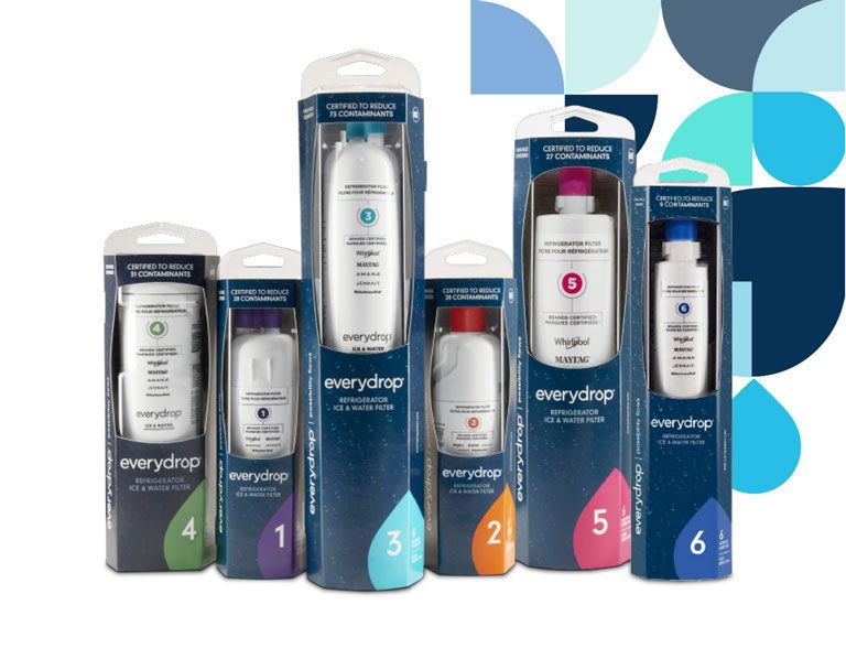 Three everydrop® filters lined up against a kitchen backdrop