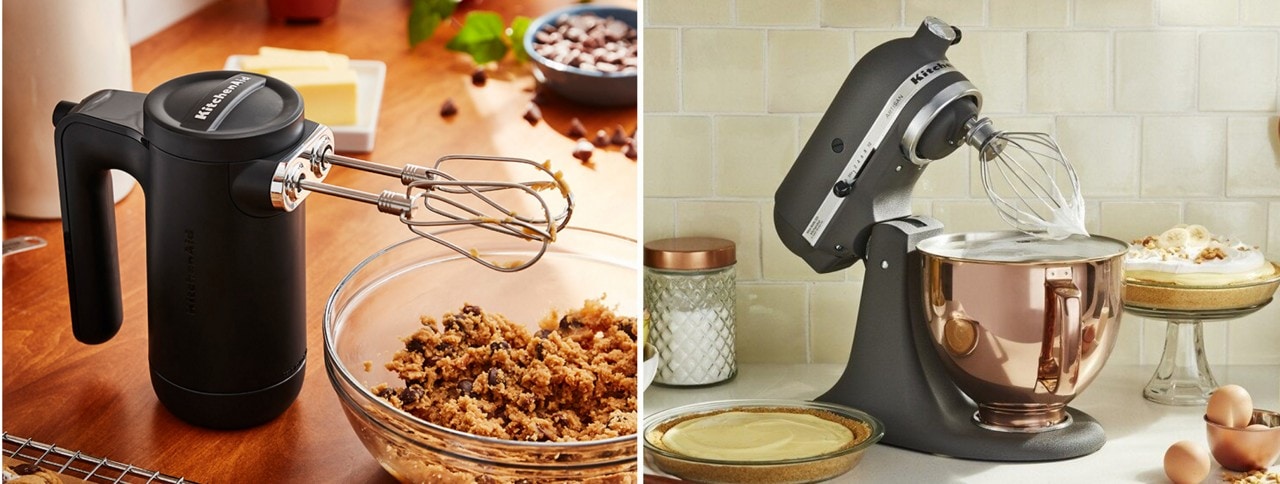 Side-by-side comparison of black matte stand mixer vs black matte hand mixer