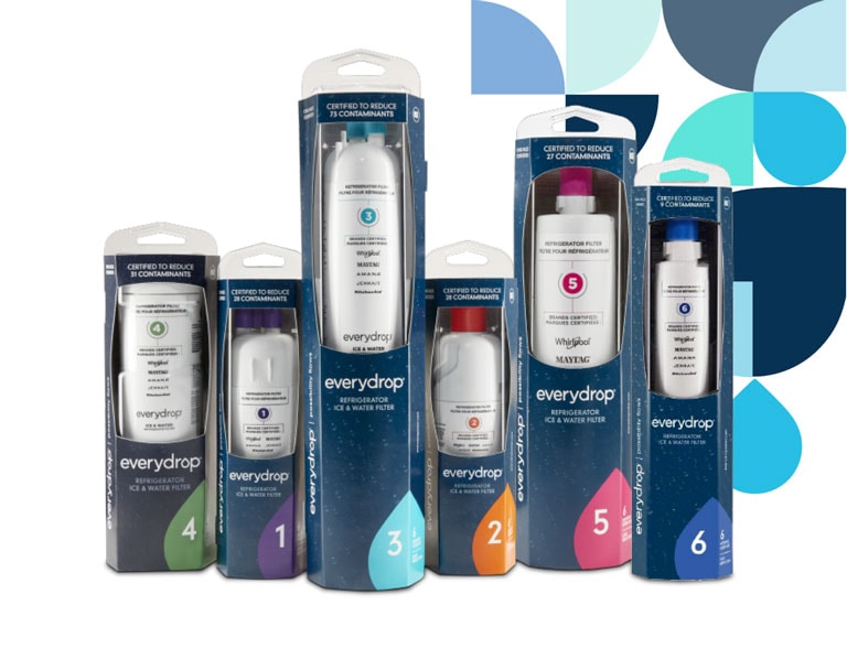 Three everydrop® filters lined up against a kitchen backdrop