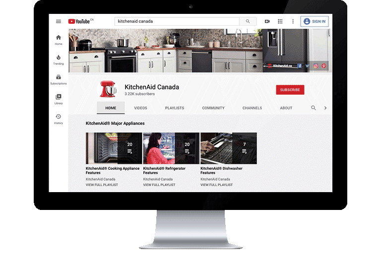 Écran montrant la chaîne YouTube de KitchenAid Canada	