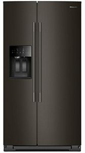 Un réfrigérateur côte à côte KitchenAid en acier inoxydable noir avec un distributeur d'eau externe.