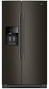  A KitchenAid Side-by-Side Refrigerator in Black Stainless Steel with an exterior water dispenser.