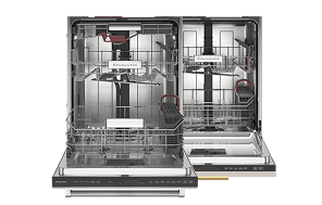 Two open KitchenAid® flush dishwashers