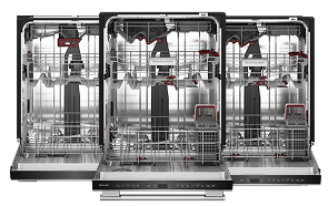 Three open KitchenAid® three-rack dishwashers