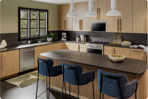 A suite of stainless steel appliances in a light wooden kitchen.