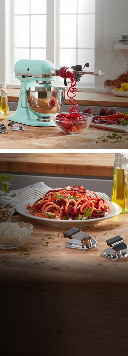 Aqua-colored Stand Mixer making beet zoodles. Also, a bowl of finished, multi-colored zoodle salad.