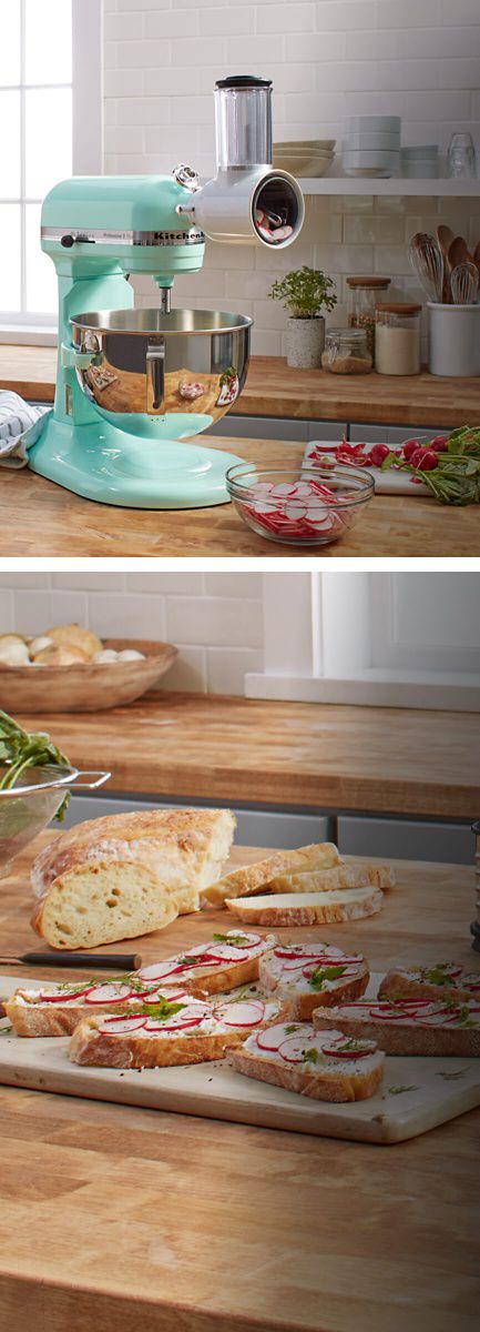 Teal Bowl-Lift Stand Mixer beside a plate of radish and cheese on toast.