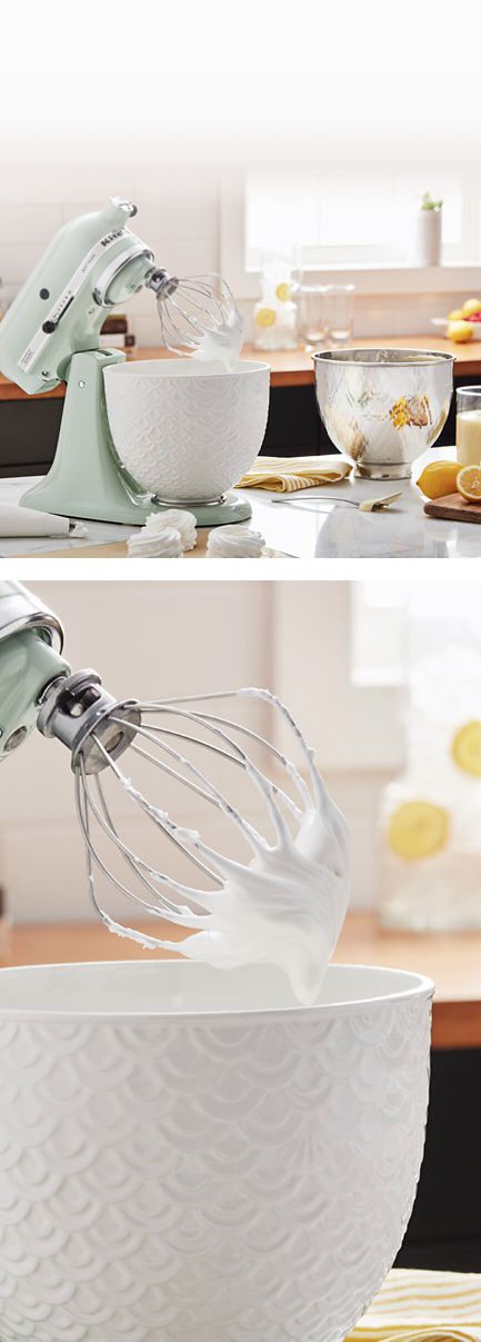 Light-green Stand Mixer tilted up after whipping cream accompanied by a close-up of the whip covered in freshly-whipped cream.
